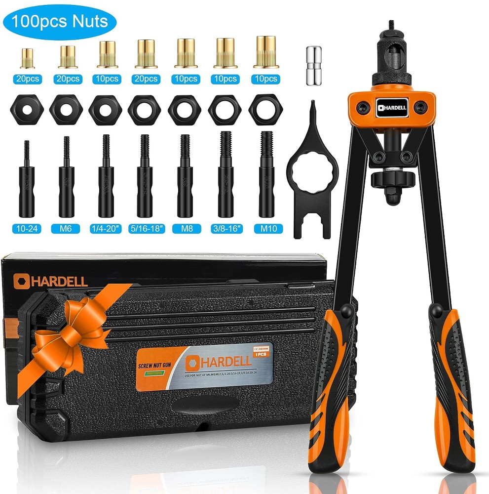 14 Inch Hand Rivet Nut Tool Kit with 100 Rivet Nuts 7 Mandrels M6 M8 M10 1 4 20 5 16 18 3 8 16 10 24 and Carrying Case