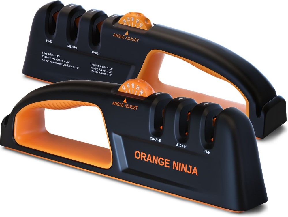 Orange Ninja Knife Sharpener with 5 Adjustable Sharpening Angle and 3 Sharpening Slot for Kitchen and Pocket Knives