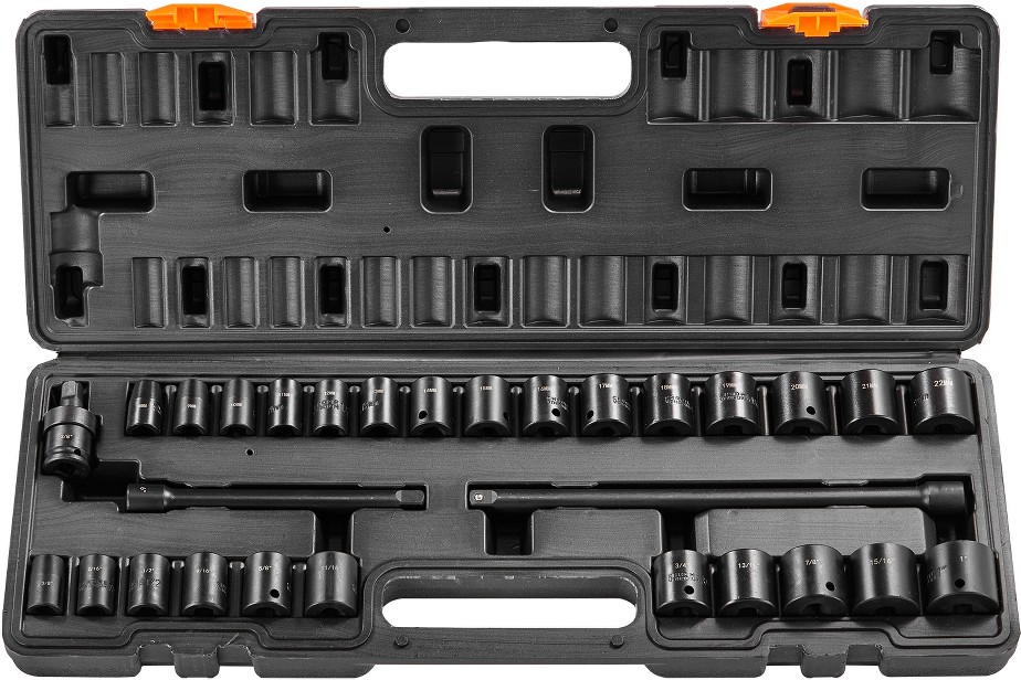 3/8-IN Drive Impact Socket Set 29 Piece Shallow Socket Set SAE 3/8-IN-1-IN and Metric 8-22mm 6 Point CR-MO