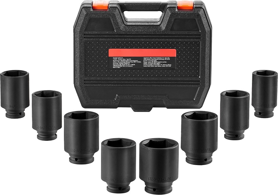 Axle Nut Impact Socket Set 1/2-IN Drive Deep 6-Point 8-Piece SAE Spindle Nut Socket Set CR-MO