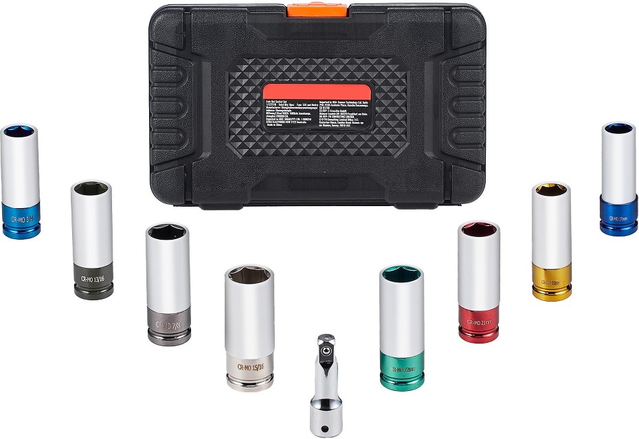 Lug Nut Impact Socket Set 1/2 inch Drive Metric and SAE 6-Point Deep Socket Set 8 Total Lug Nut Sizes