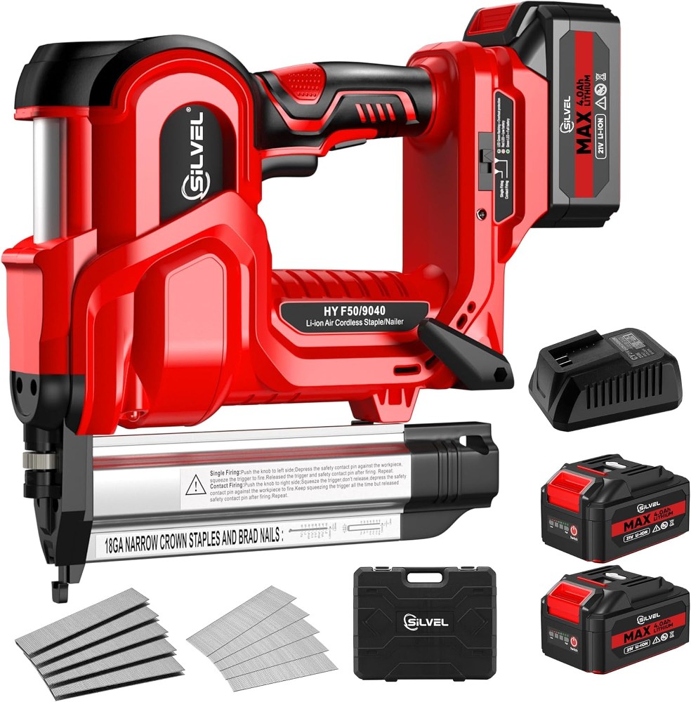 2 Cordless Brad Nailer 2-in-1 21V Electric Brad Nailer Stapler with 2 x 4.0Ah Battery 1000pcs Nails 18GA