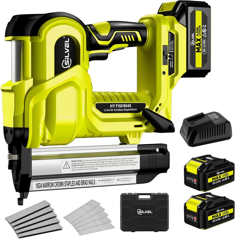 2 Cordless Brad Nailer 2-in-1 21V Electric Brad Nailer Stapler with 2 x 4.0Ah Battery 1000pcs Nails
