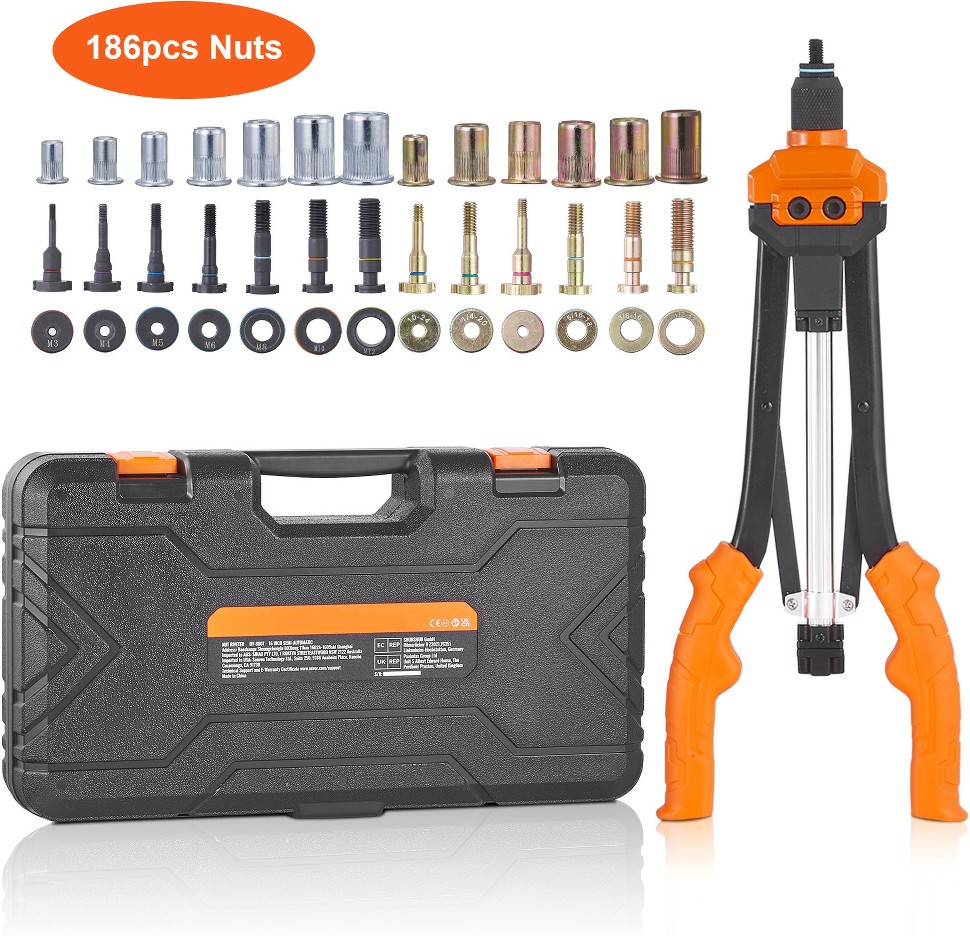 Rivet Nut Tool 16 inch Rivnut Tool Kit with 13PCS Metric and SAE Mandrels 186PCS Rivet Nuts