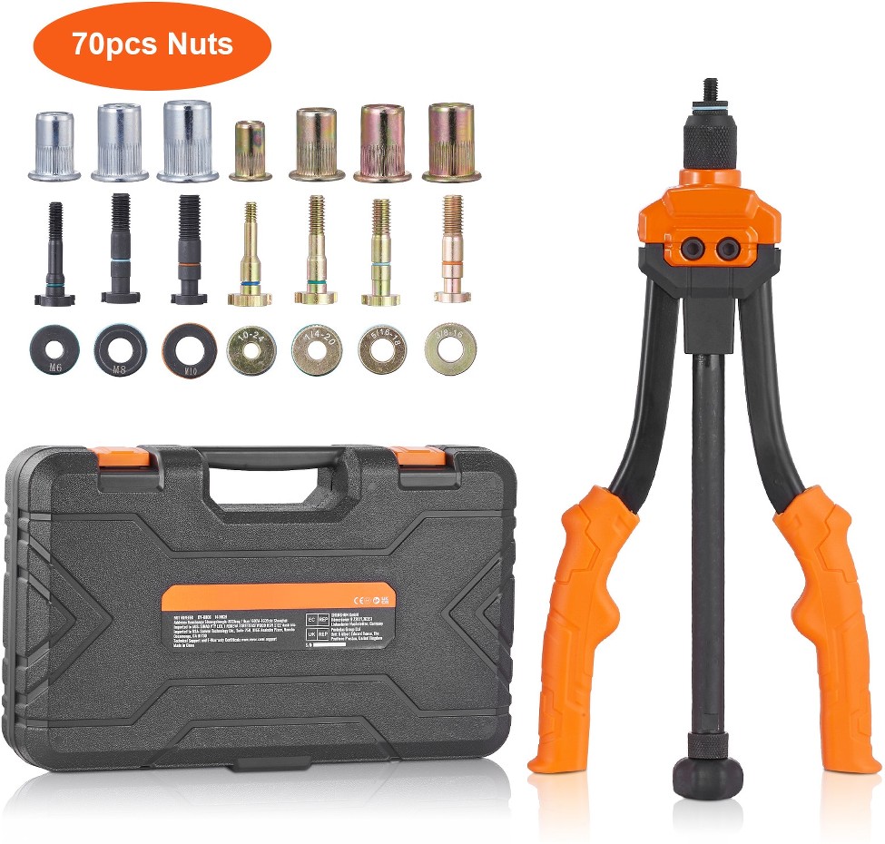 Rivet Nut Tool 14-IN Rivnut Tool Kit with 7 PCS Metric and SAE Mandrels 70 PCS Assorted Rivet Nuts