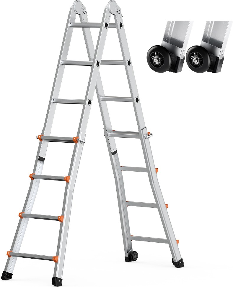 Telescoping Ladder A Frame 13 FT Compact Aluminum Extension Ladder Multi-Function