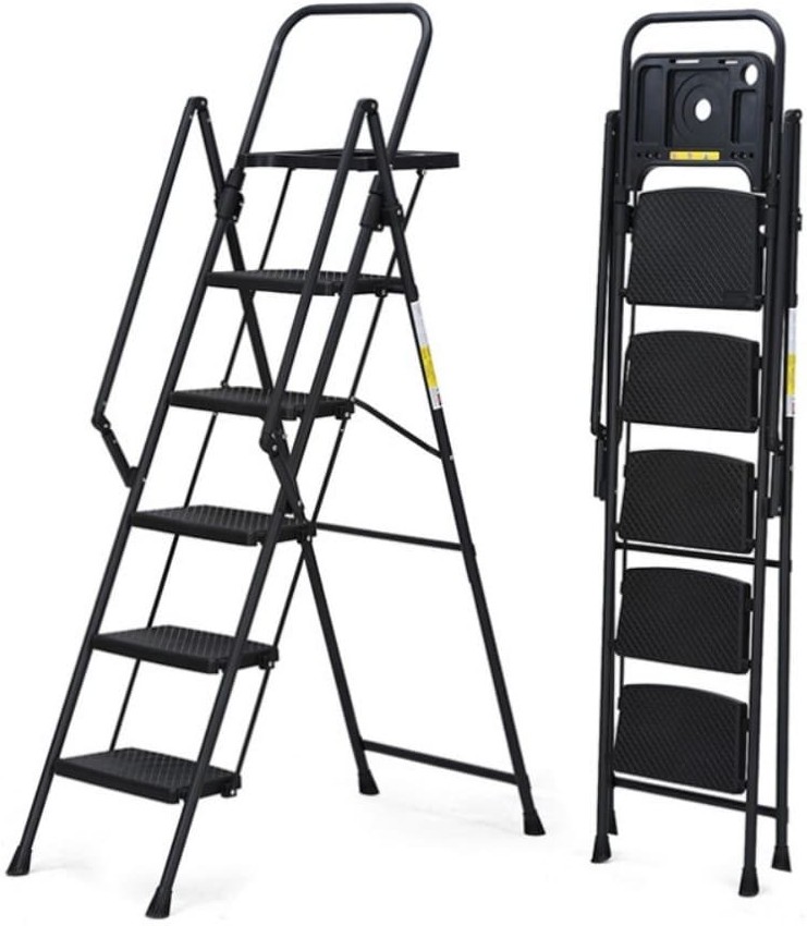 step folding ladder with tool tray non-slip pedals handrails lightweight steel construction for home use