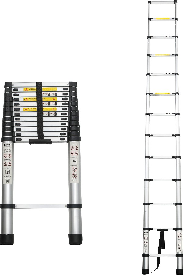 12.5ft aluminum telescopic extension ladder 300lbs capacity portable for indoor outdoor heavy duty work