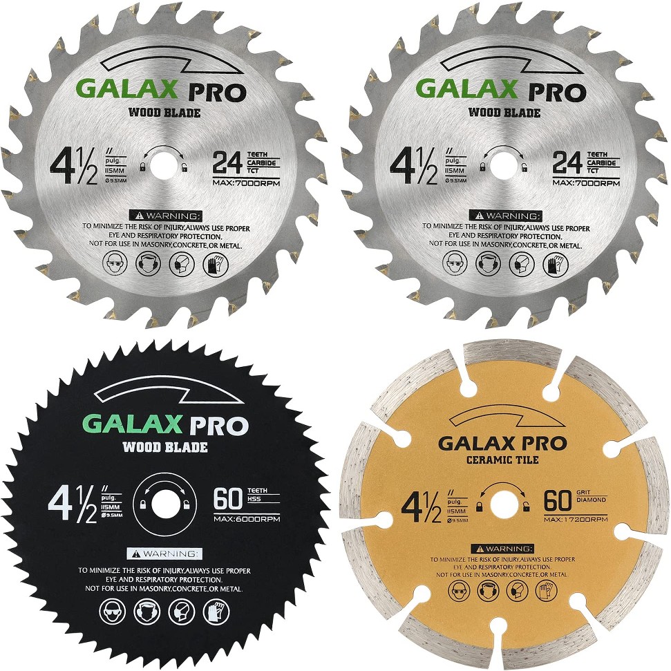 4-1/2 Inch 4-Piece Circular Saw Blade Set Includes 60T Metal 24T Wood and Diamond Blades with 3/8 Inch Arbor for Fast Cutting