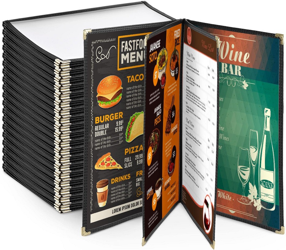 Wechef 20PCS Menu Cover 8.5X11IN 4 Page 8 View Restaurant Deli Cafe Black Trim Folder Clear Volume