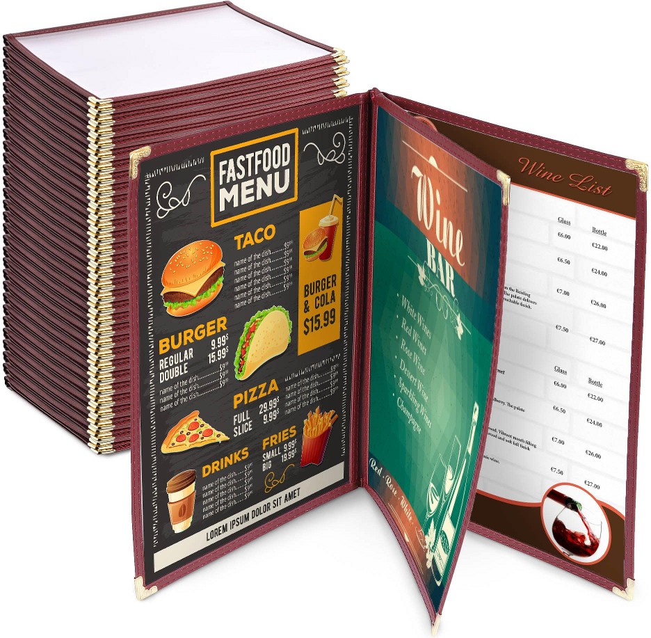 Wechef 30Pack 8.5x11IN 6 View 3 Page Menu Covers Burgundy Trim Trifold Transparent Volume Folder