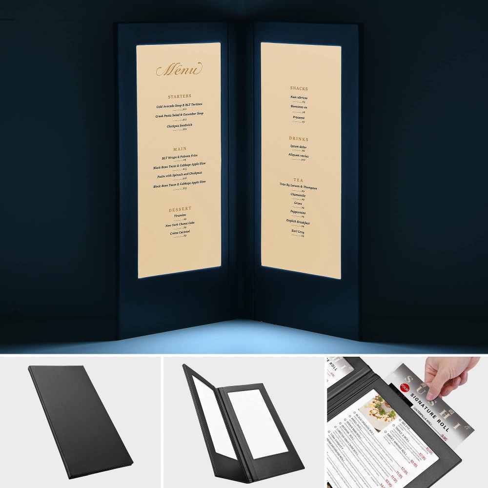 WeChef LED Back Lit Light Menu Holder Cover Folding Double Panel Fits 5x11IN Paper for Hotel Club