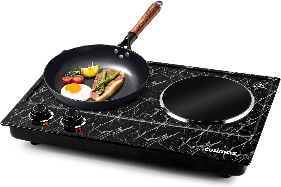 Portable 2-Burner 7.1 in. Black Marble Electric Hot Plate 1800-Watt Dual Control Countertop Infrared Electric Stove