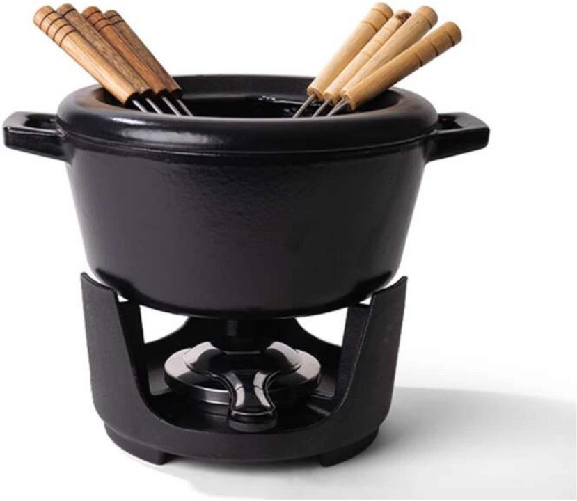 Nori 2-qt Enameled Cast Iron Fondue Set w/ 8 Wooden Forks Flame Control