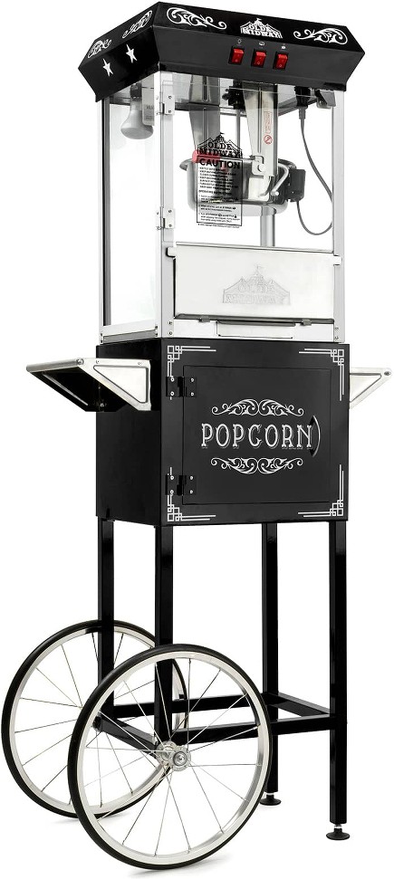 Vintage Style Popcorn Machine Popper w Cart in Black - 10-oz Kettle