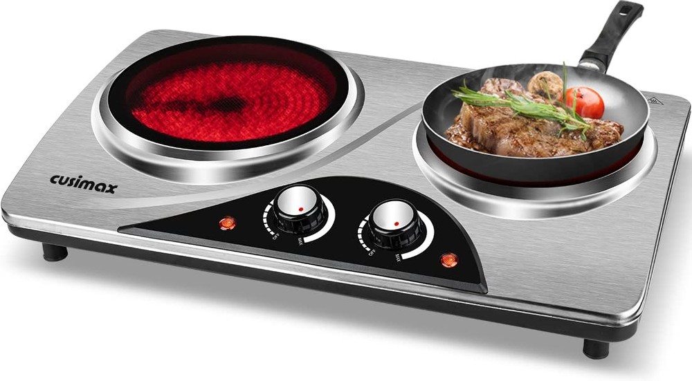 Double Cast Iron Burner 7.1 in. and 5.9 in. Stainless Steel Hot Plate in Sliver with Thermostatic Control