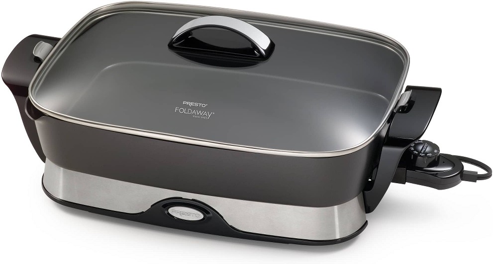 Electric Foldaway Nonstick Skillet with Tempered Glass Lid 16 Inch Black