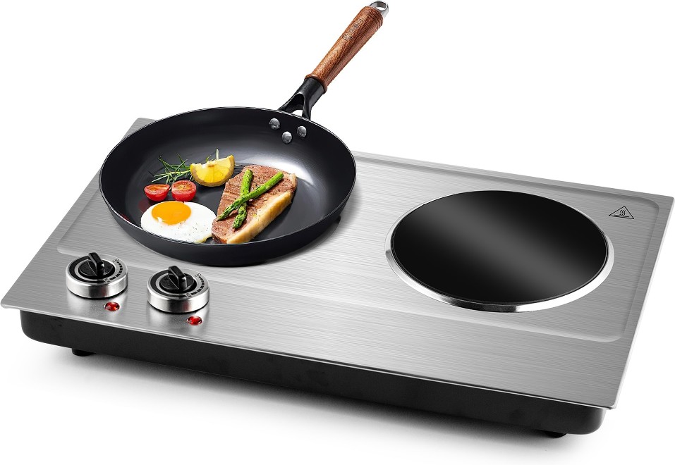 Portable 2-Burner 7.1 in. Silver Electric Hot Plate 1800-Watt Dual Control Countertop Infrared Electric Stove