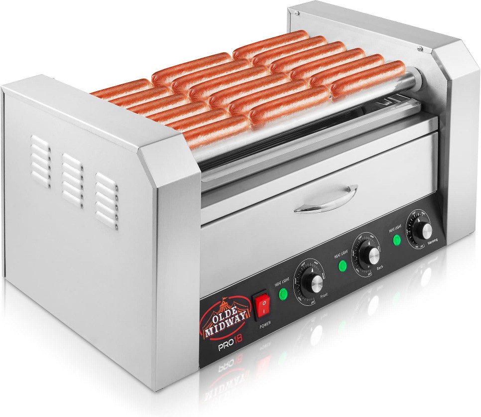 Electric 18 Hot Dog 7 Roller Grill Cooker Machine with Bun Warmer