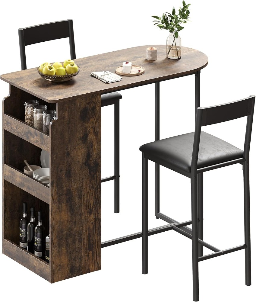Bar Table and Chairs Set 3 Piece Table Set with Three Tier Storage Shelf for Living Room and Dining RoomSmall Brown