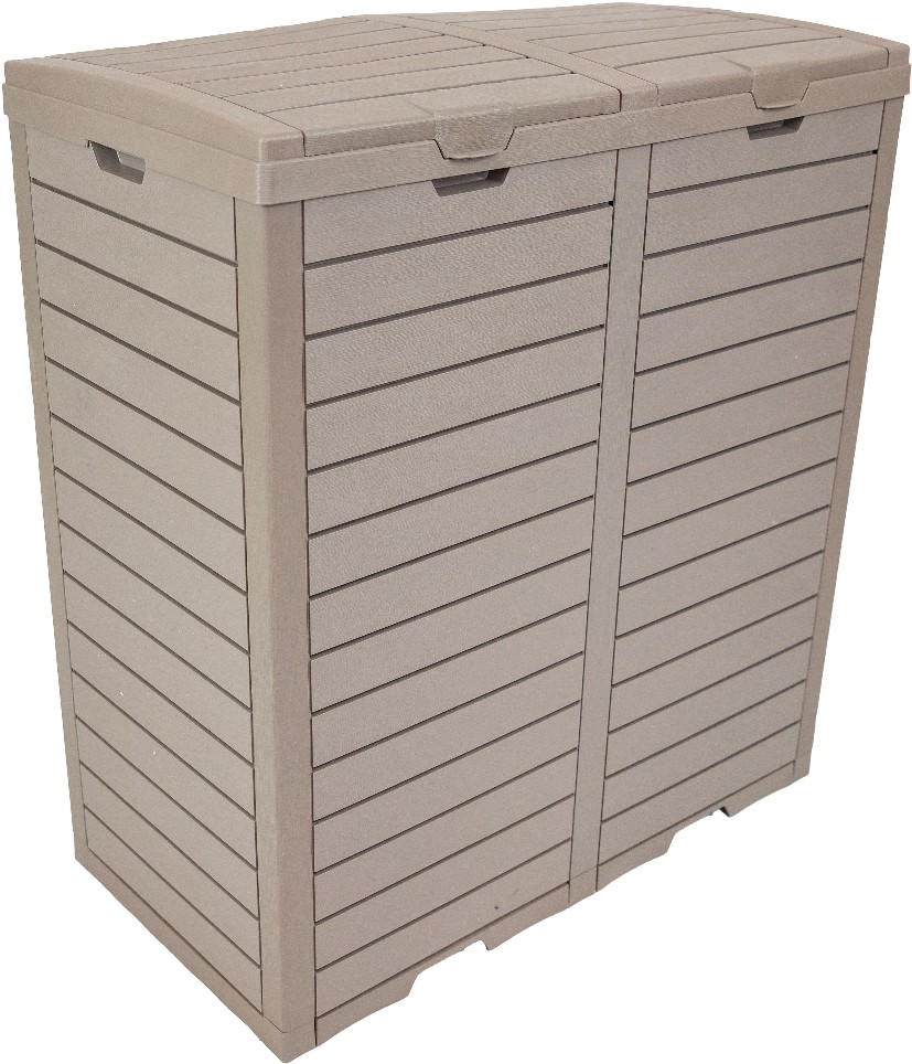 Sunnydaze 78-Gallon Double Patio Trash Can with Lid - Outdoor Garbage Can with Drip Trays - Weather-Resistant Resin - Light Gray