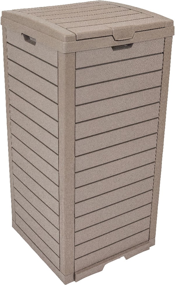 Sunnydaze 39-Gallon Patio Trash Can with Lid - Outdoor Garbage Can with Built-In Drip Tray - Weather-Resistant Resin - Light Gray