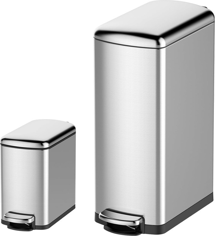 Kitchen Trash Can Set 7.92 Gal and 1.59 Gal Stainless Steel Waste Bins Soft-Close Lid Step-on Garbage Bin for Kitchen Office Bathroom