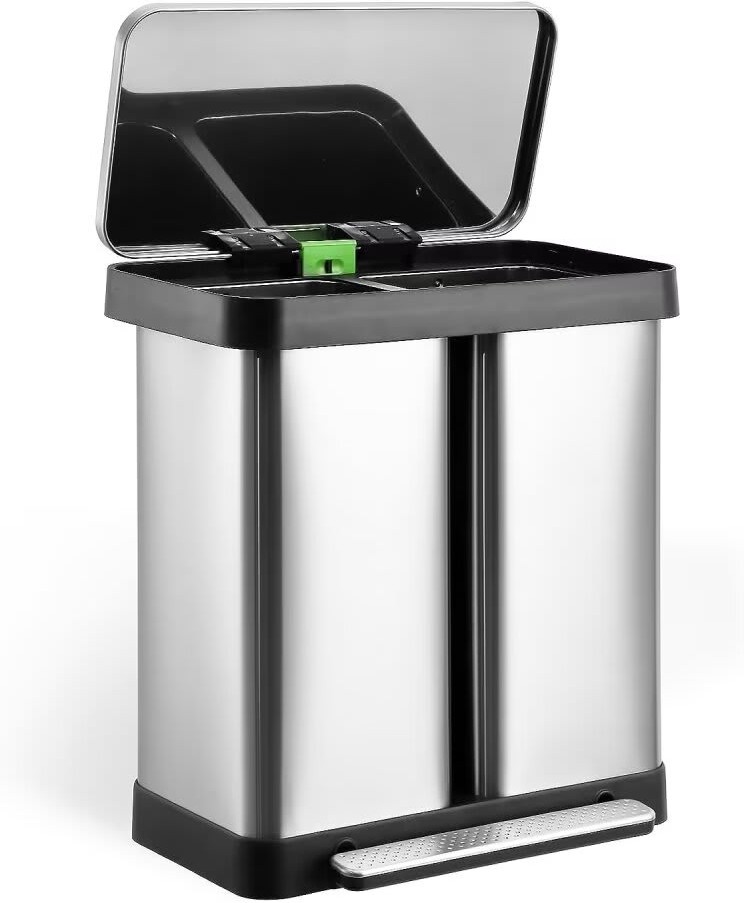 19 Gallon Dual Trash Can 2 Compartment Trash Can Stainless Steel Double Garbage Cans for Kitchen 2 x 9.5 Gallons