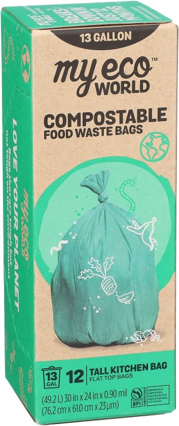Compostable Plant Basedd 13-Gallon Green Indoor PBAT (Polybutylene Adipate Terephthalate) Kitchen Trash Bag 12 -Count