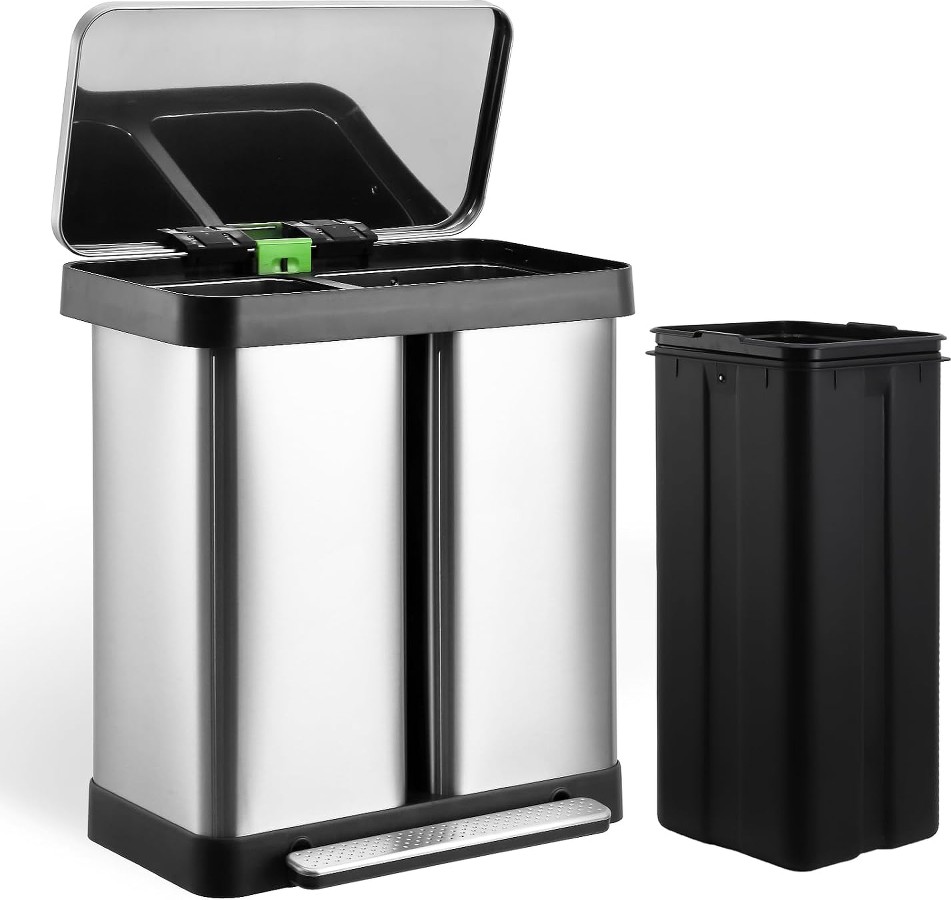 8 + 9.5 Gal Trash Can Dual Garbage Can and Recycle Bin with Compartments Soft Close Lid and Airtight for Home Office Business
