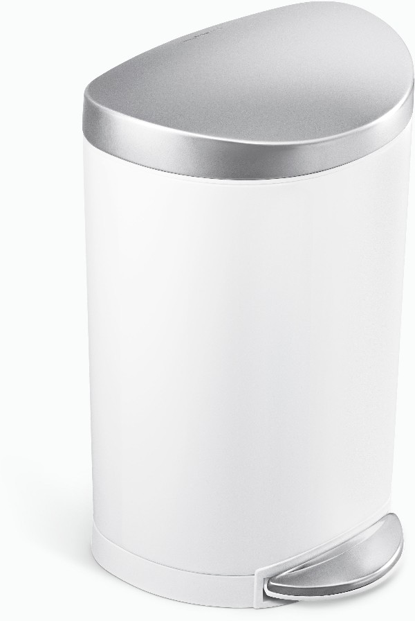 Semi-Round Step Can with Soft-Close Lid, 6 Liter White Steel Indoor Step Trash Can