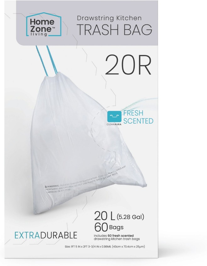 Essential 5-Gallon Fresh White Indoor Plastic Can Drawstring Trash Bag 60 -Count