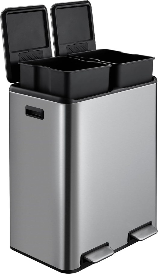 16 Gallon Rectangular Hands-Free Dual Compartment Recycling Kitchen Step Trash Can