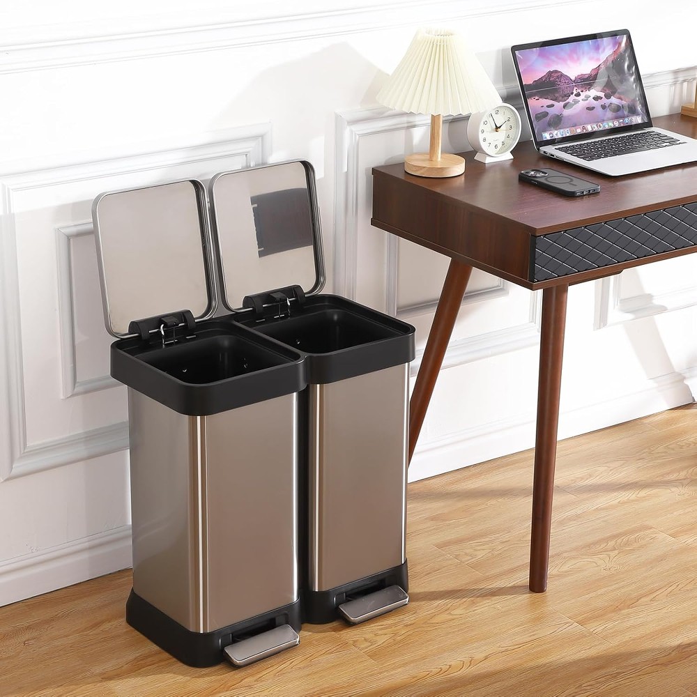 Trash Can 13 Gal Dual Garbage Can and Recycle Bin 2 Compartments and 2 Pedal Soft Close Lid and Airtight for Home Office Business