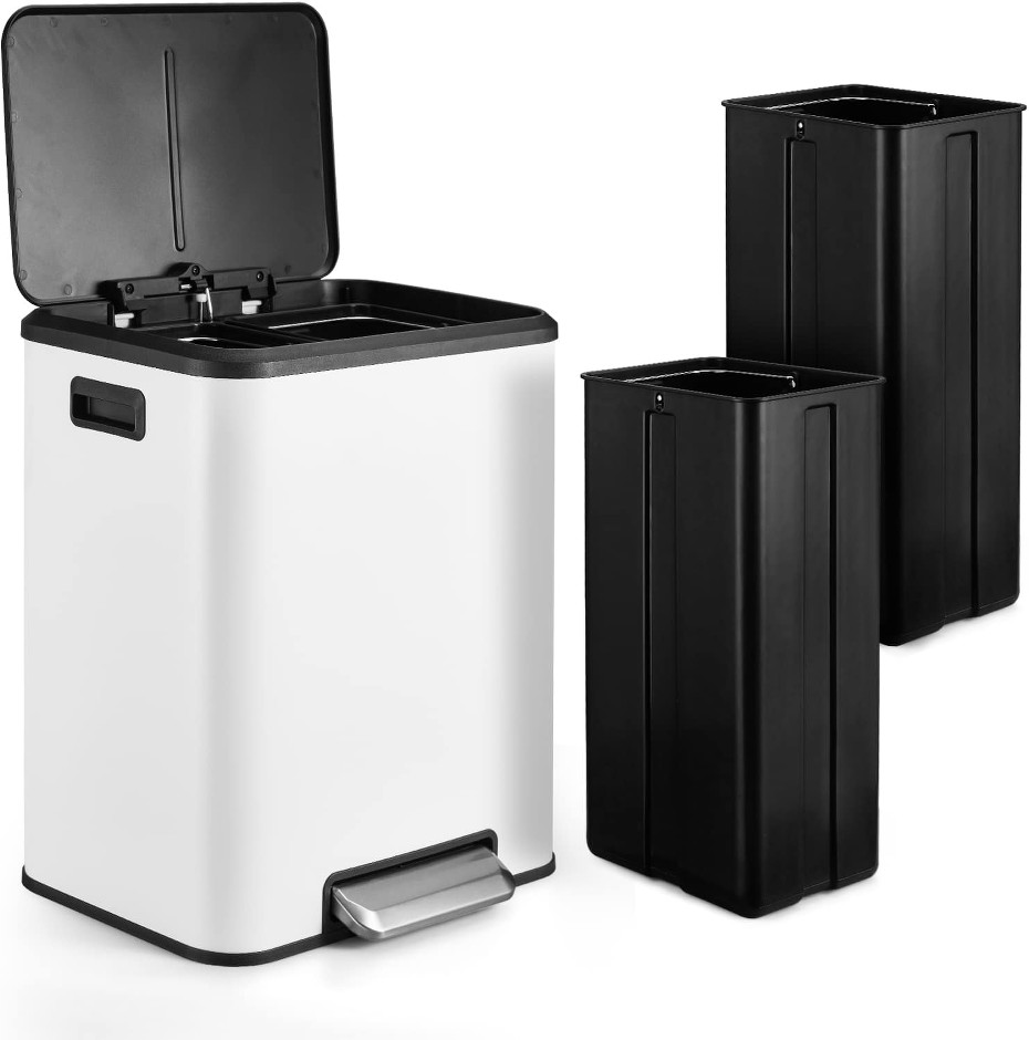30L Dual Trash Can 2 x 4 Gallon Stainless Steel Kitchen Trash Can with Lid and Foot Pedal Double Compartment Garbage Can with Recycling Bin-White
