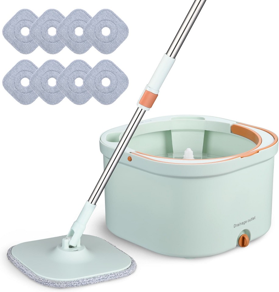8 Microfiber Pads Square Spin Mop and Bucket System Set Floor Cleaning With Separate Clean and Dirty Water Filtration Green