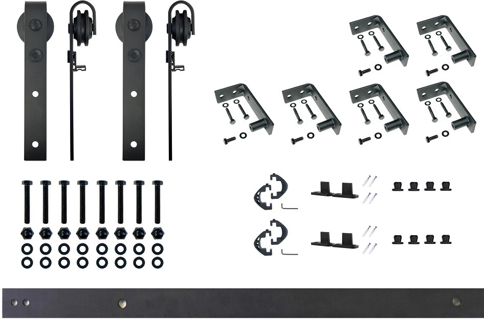 96-in Rustic black Black Indoor J-strap Double Barn door hardware kit