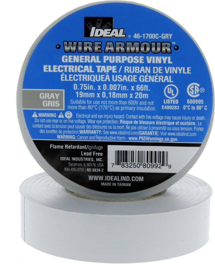 Wire Armour 0.75-Inches x 66-Feet Vinyl Electrical Tape Gray 10 -Pack
