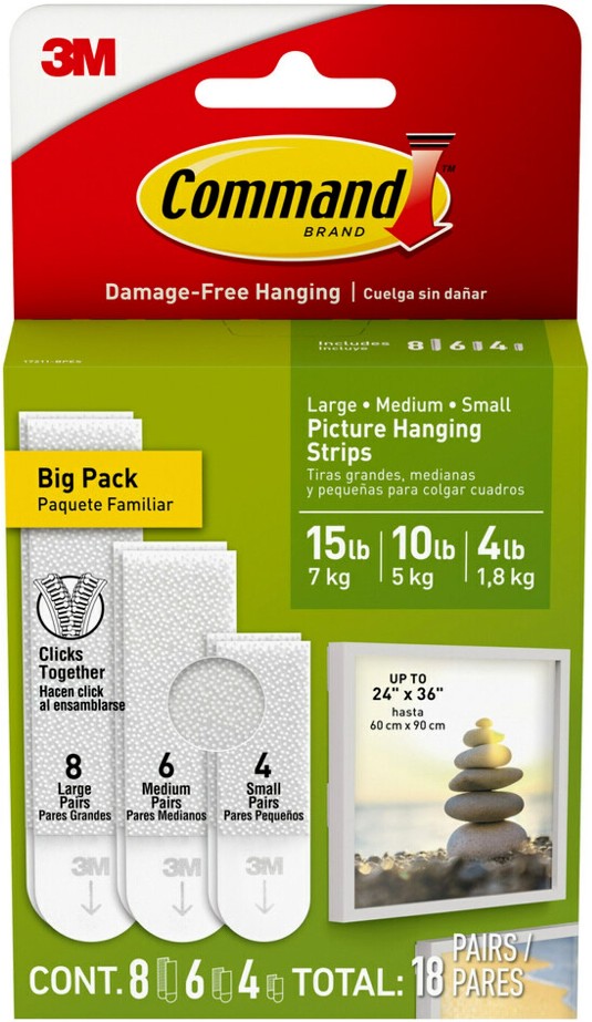 White Assorted Sizes Damage Free Picture Hanging Strips 18-pack