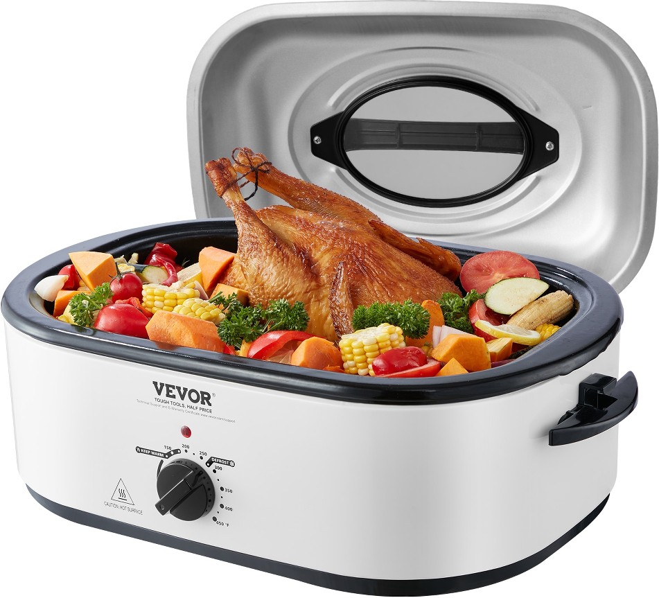 22 QT Electric Roaster Oven 22-Quart White Programmable Steel Square Roaster Oven with Metal Lid