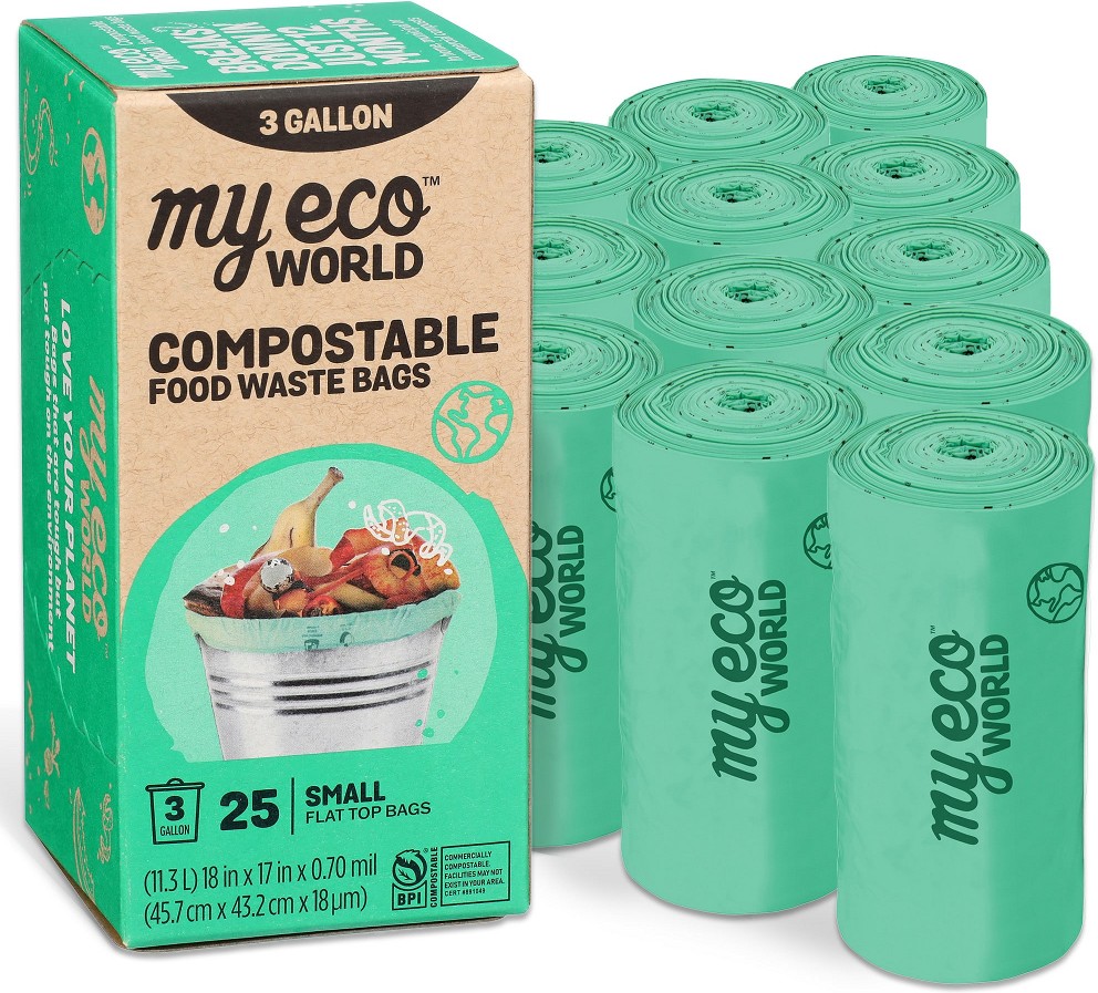 Compostable Plant Basedd 3-Gallon Green Indoor PBAT (Polybutylene Adipate Terephthalate) Kitchen Trash Bag 300 -Count