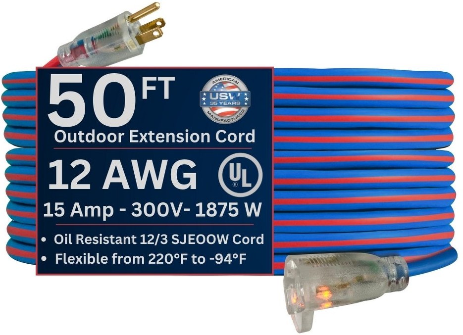 12 gauge Extreme All Weather Extension Cords 50-ft 12 / 3 3 Prong Blue/Red Indoor/Outdoor SJEOOW Heavy Duty Lighted Extension Cord