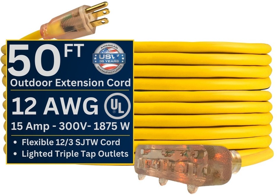 12 gauge Yellow Triple Tap Extension Cords 50-ft 12 / 3 3 Prong Yellow Outdoor SJTW Heavy Duty Lighted Extension Cord