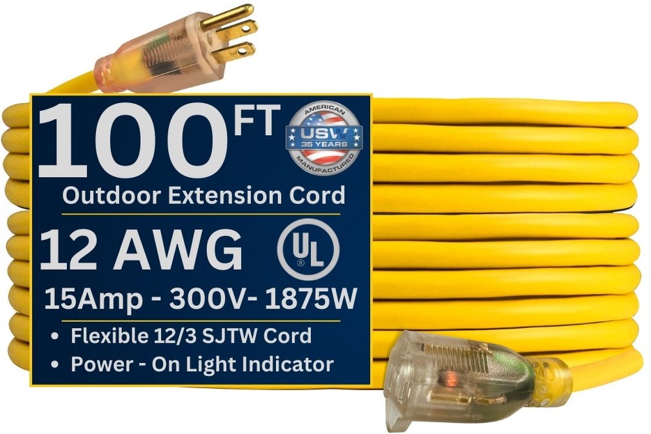 12 gauge Heavy Duty Yellow Extension Cords with Lighted Plugs 100-ft 12 / 3 3 Prong Yellow Outdoor SJTW Heavy Duty Lighted Extension Cord
