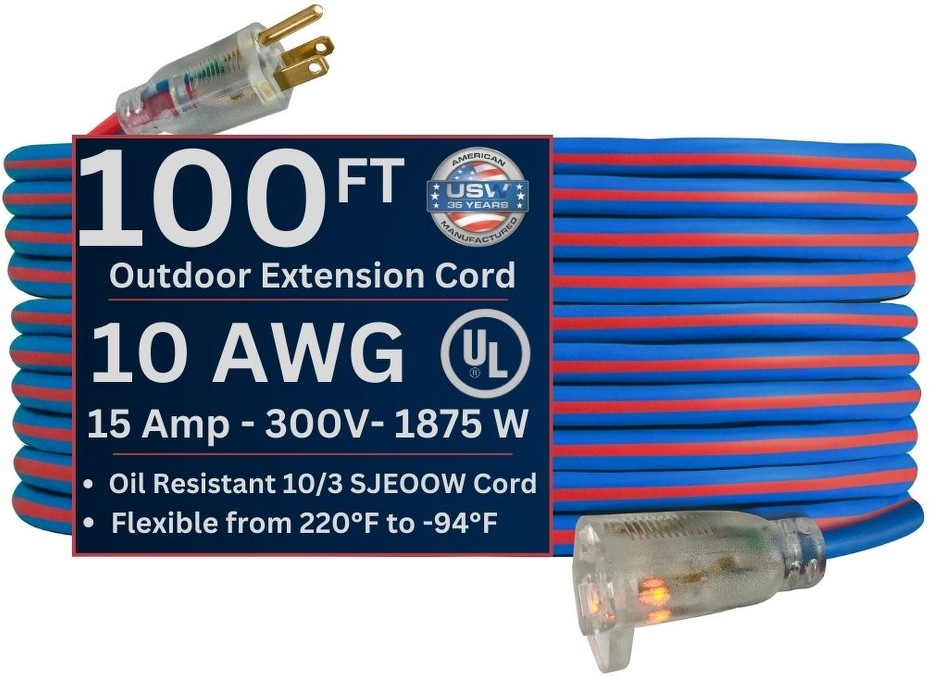 10 gauge Extreme All Weather Extension Cords 100-ft 10 / 3 3 Prong Blue/Red Indoor/Outdoor SJEOOW Heavy Duty Lighted Extension Cord