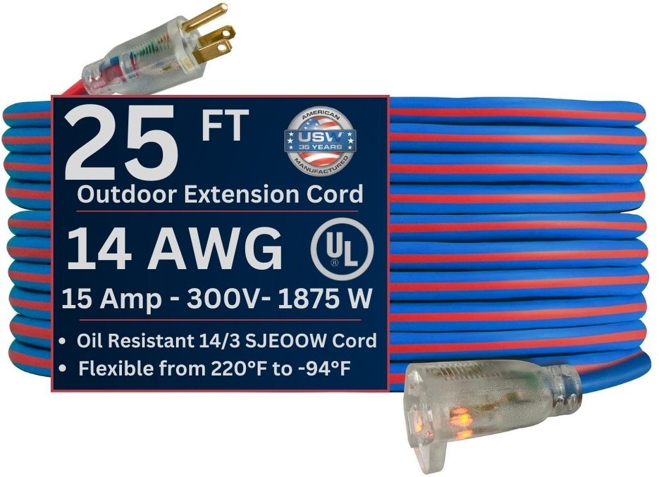 14 gauge Extreme All Weather Extension Cords 25-ft 14 / 3 3 Prong Blue/Red Indoor/Outdoor SJEOOW Medium Duty Lighted Extension Cord