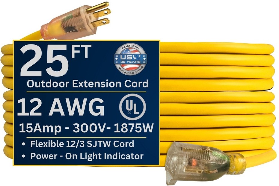 12 gauge Heavy Duty Yellow Extension Cords with Lighted Plugs 25-ft 12 / 3 3 Prong Yellow Outdoor SJTW Heavy Duty Lighted Extension Cord