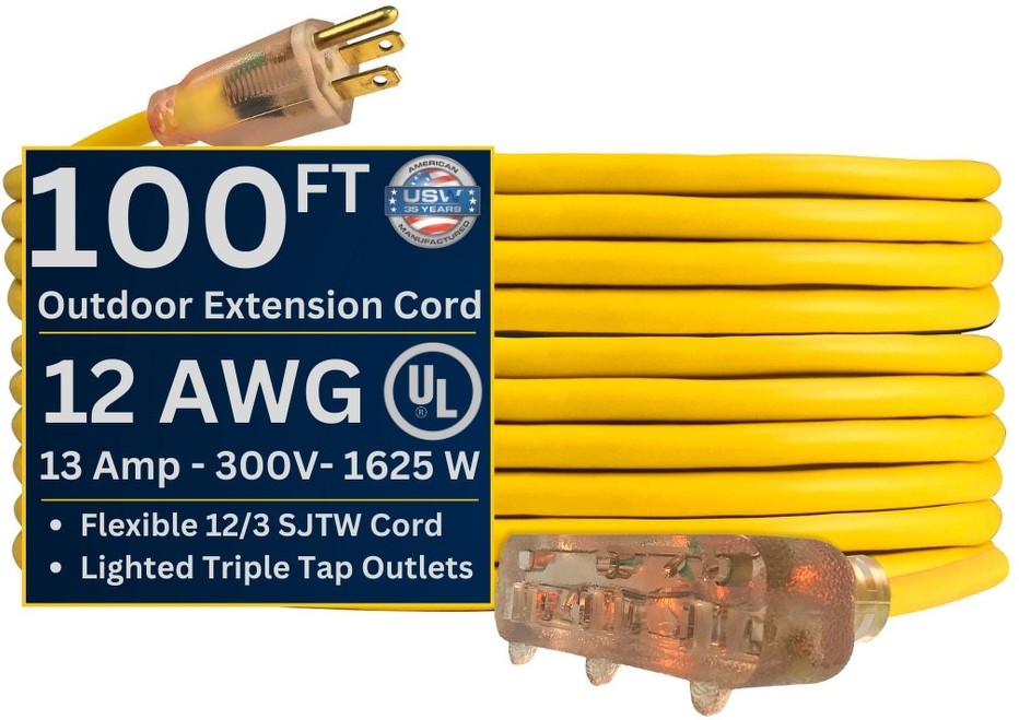 12 gauge Yellow Triple Tap Extension Cords 100-ft 12 / 3 3 Prong Yellow Outdoor SJTW Heavy Duty Lighted Extension Cord