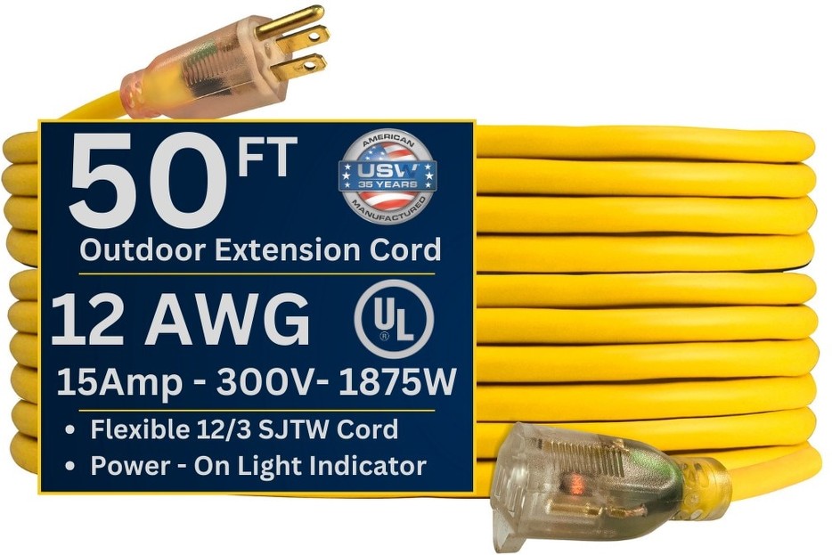 12 gauge Heavy Duty Yellow Extension Cords with Lighted Plugs 50-ft 12 / 3 3 Prong Yellow Outdoor SJTW Heavy Duty Lighted Extension Cord