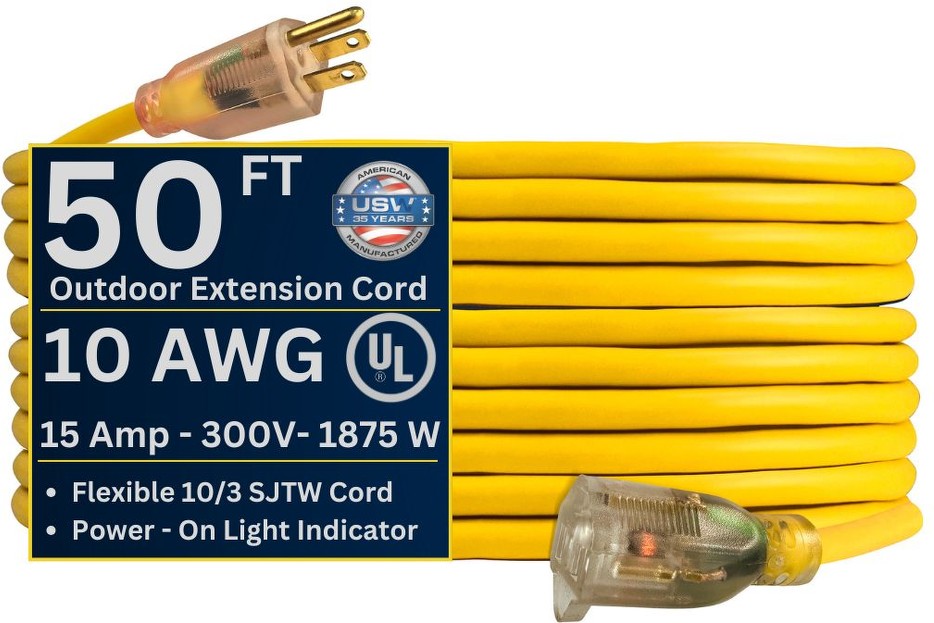 10 gauge Yellow Lighted Extension Cords 50-ft 10 / 3 3 Prong Yellow Outdoor SJTW Heavy Duty Lighted Extension Cord